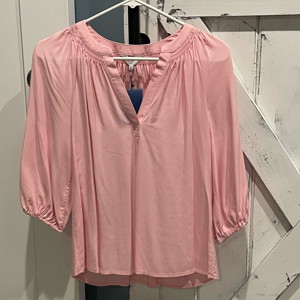 crown & ivy Pink V-Neck Gathered Yoke Blouse